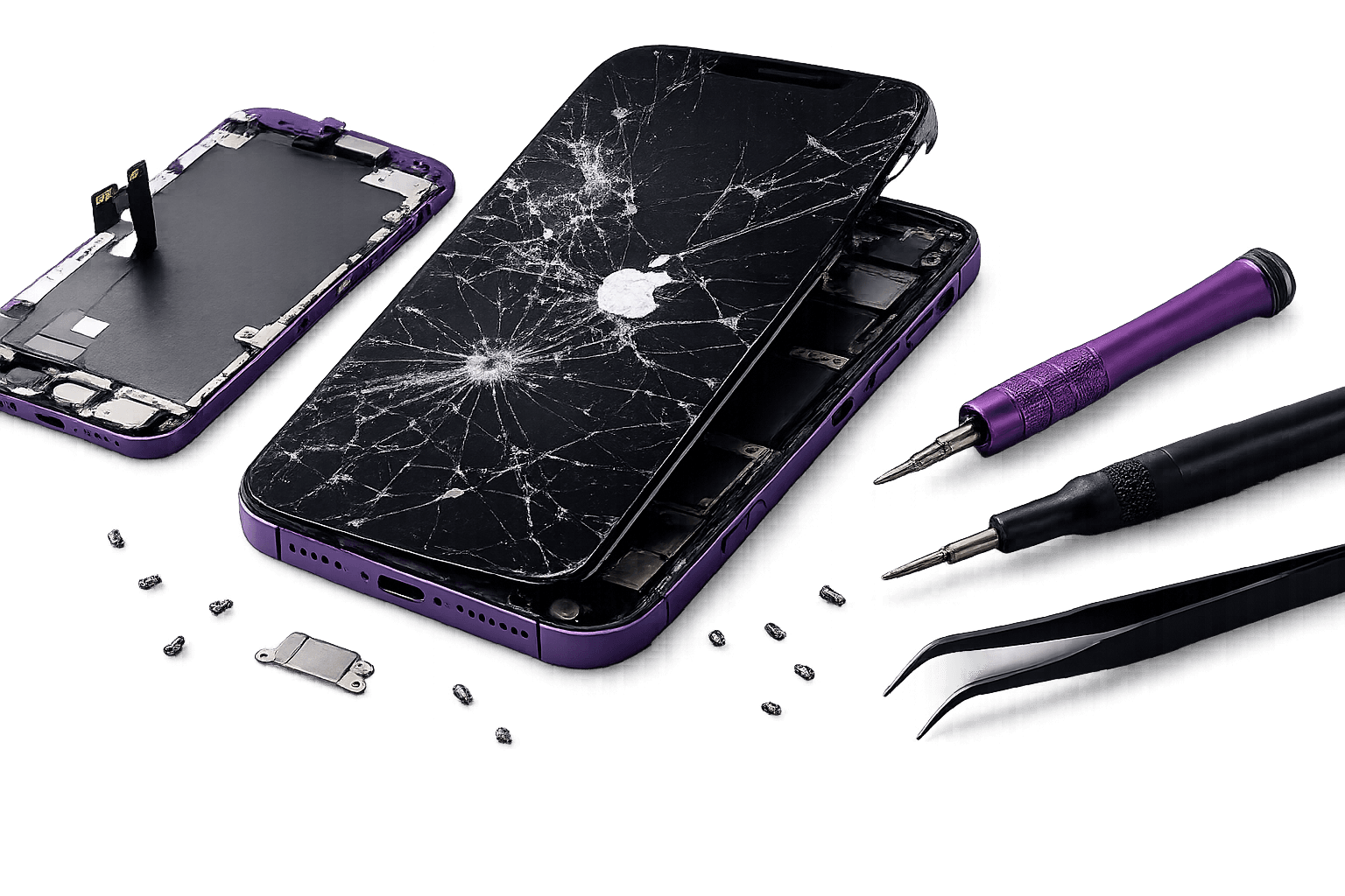 Broken iPhone repair with tools and screws